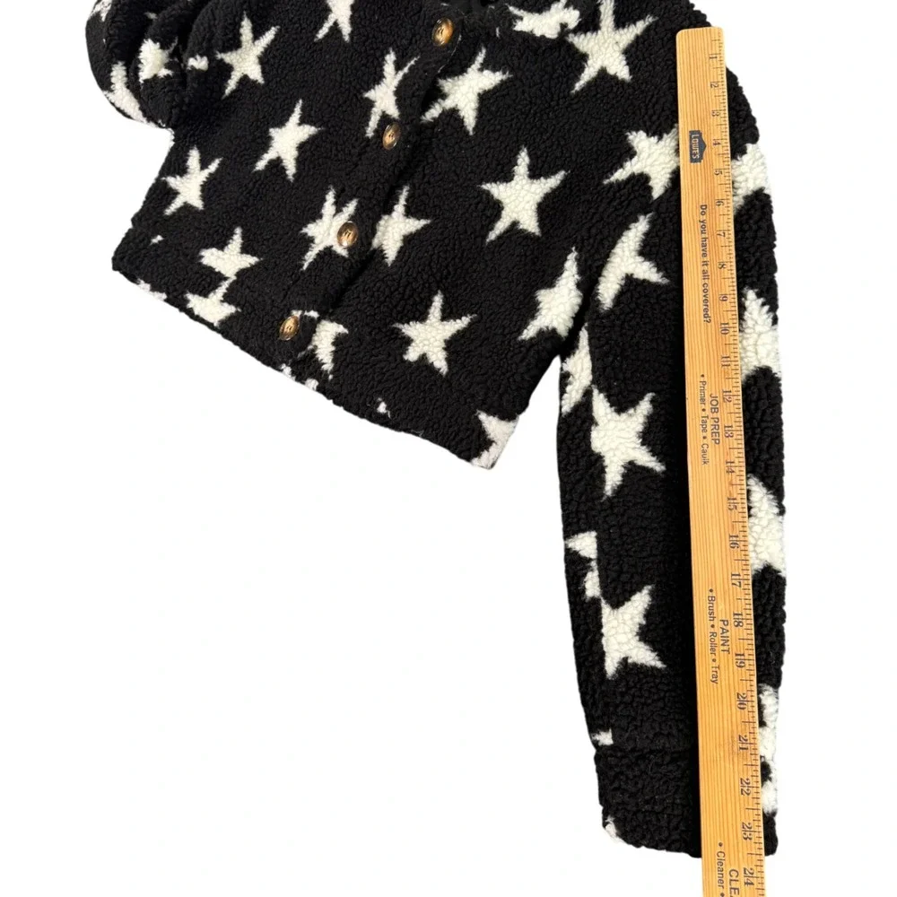 HYFVE Womens S Black White‎ Star Print Fuzzy Cropped Jacket Sherpa Y2K Aesthetic